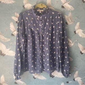 Blue Ruffled Puff Sleeve Blouse with Mandarin Collar